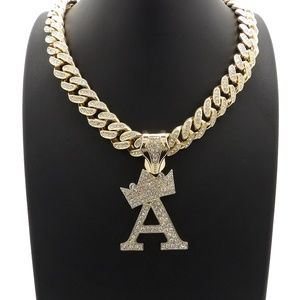 Initial A Pendant & 12mm 18" Full Iced Out Chain